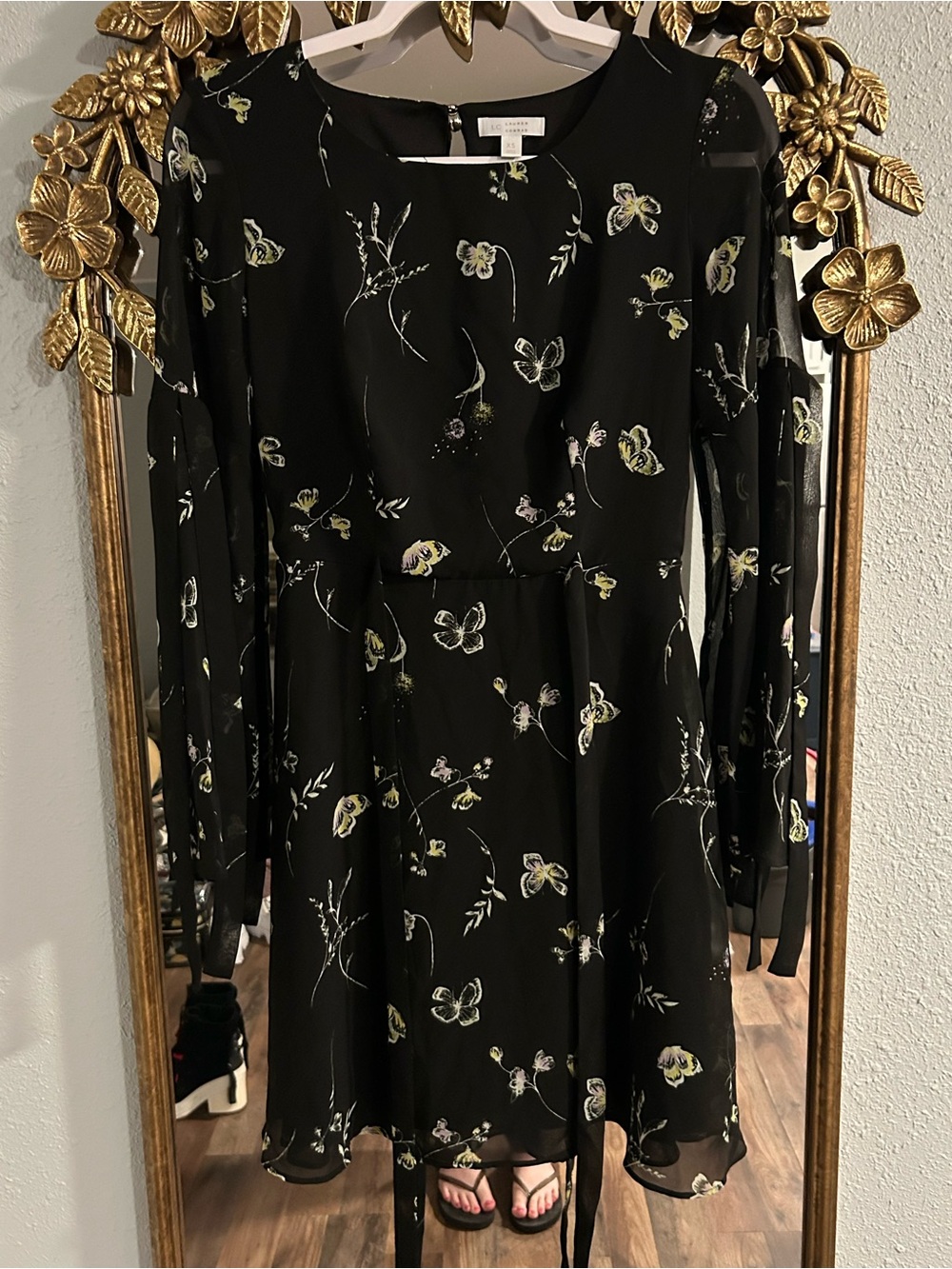 LC Lauren Conrad Yellow Flowers and Butterflies Black Chiffon Dress
